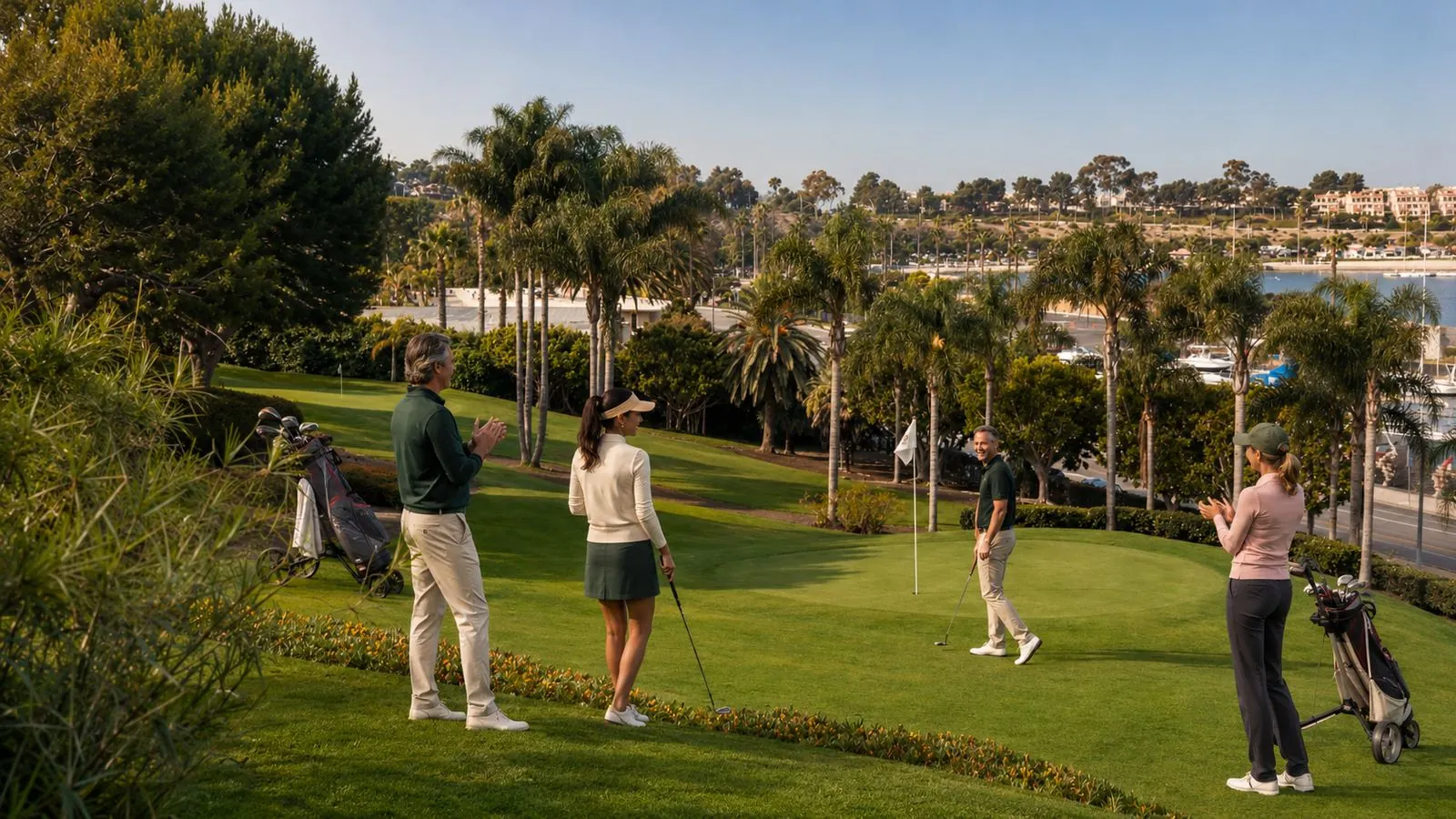 Concept of friends cheering a putt on a green above the bay