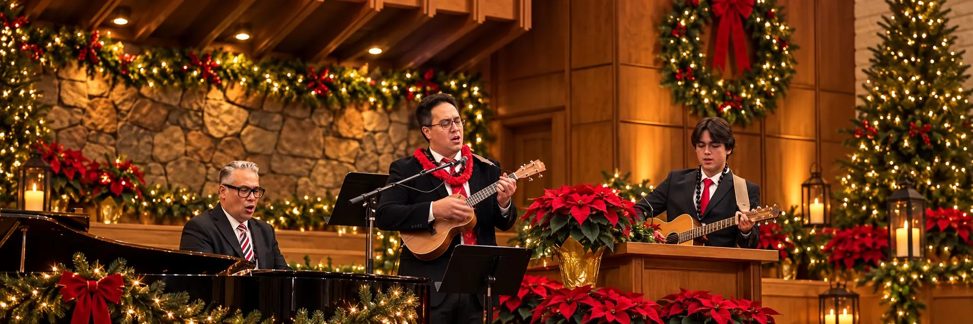 Piano, ukulele and guitar trio performing Christmas music in a decorated hall