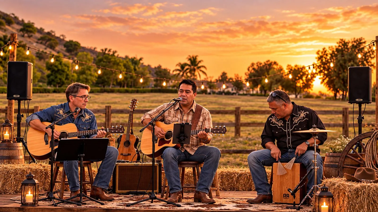 Acoustic trio playing on a ranch stage at sunset